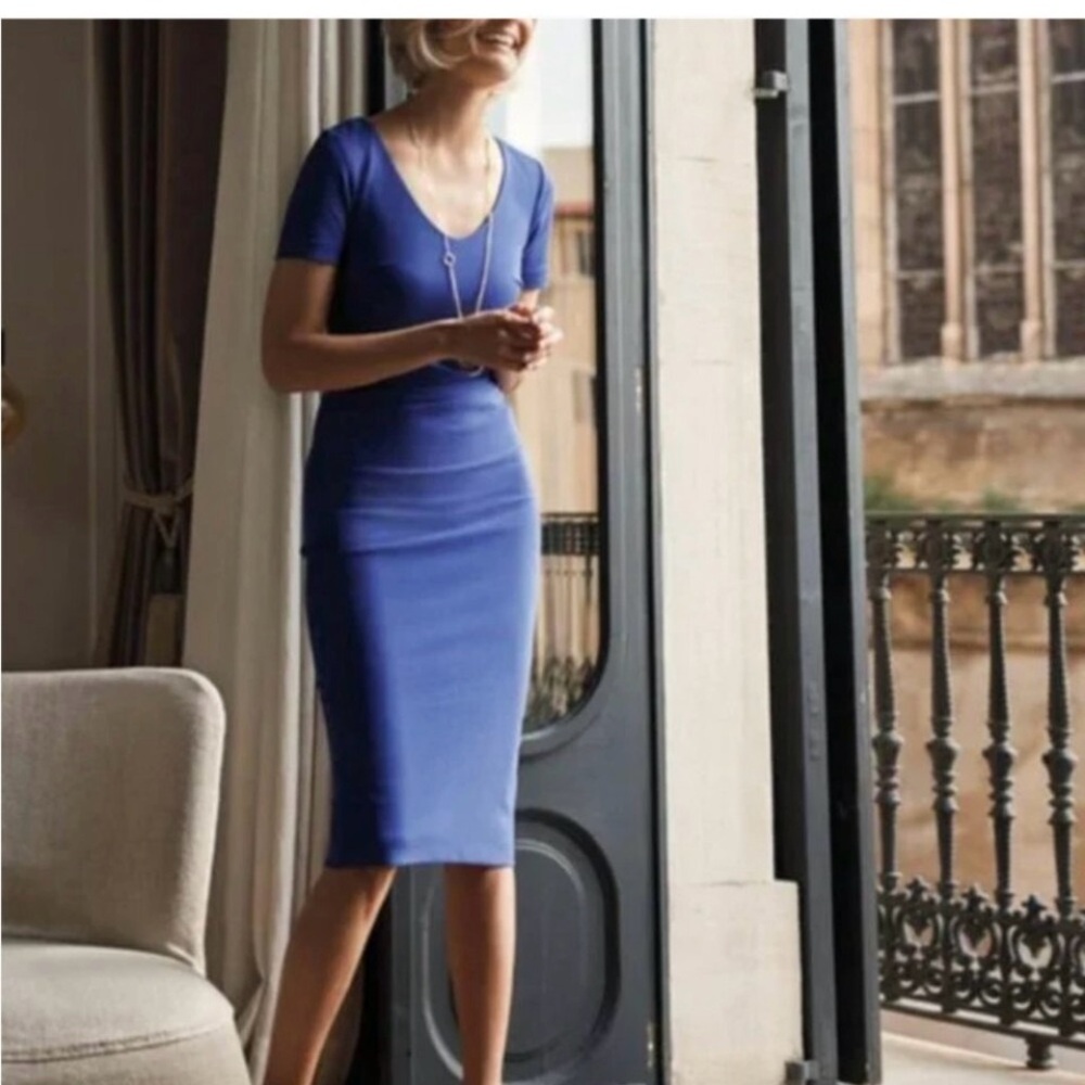 Boden Blue Sheath Midi Dress V-Neck Short Sleeve